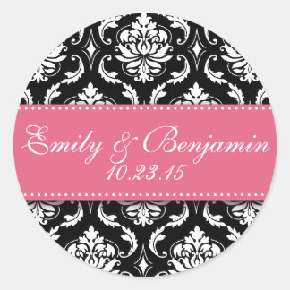 Black White Damask Wedding Favour Stickers Pink