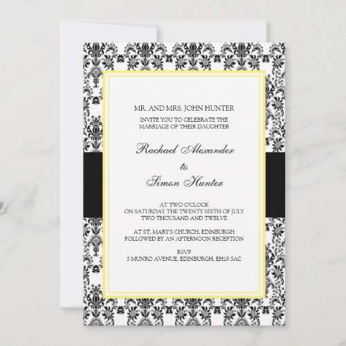 Black &amp; White Damask Wedding Invitation-yellow 2