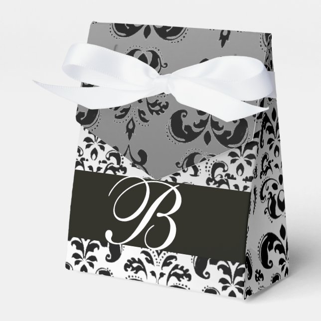 BLACK WHITE DAMASK WEDDING MONOGRAM Elegant  Favor Boxes (Front Side)
