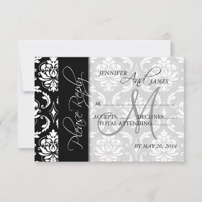 Black White Damask Wedding RSVP Card (Front)
