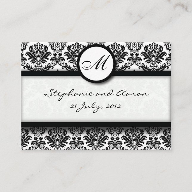 Black & White Damask Wedding Website Business Card (Front)