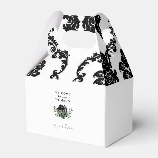Black & White Damask Wedding Welcome Favor Box (Front Side)