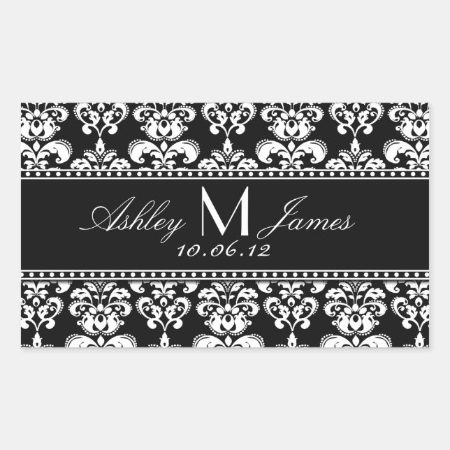 Black White Damask Wedding Wine Label (Front)
