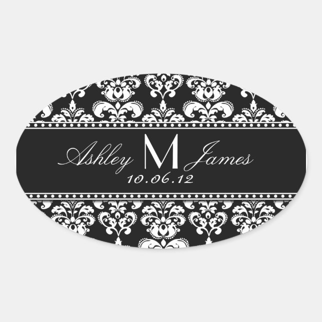 Black White Damask Wedding Wine Label (Front)