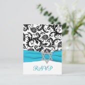 Black, White Damask with Aqua FAUX Ribbon RSVP (Standing Front)