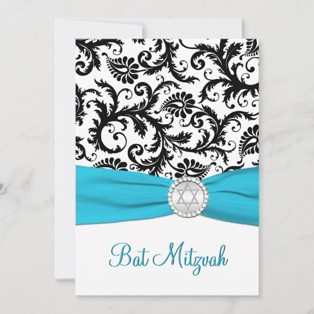 Black, White Damask with Aqua PRINTED RIBBON Invitation (Front)