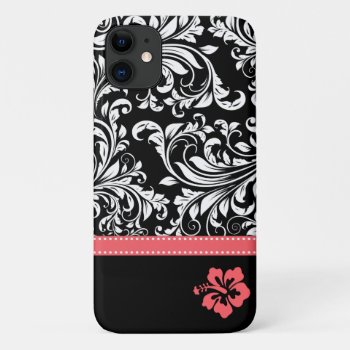 Black & White Damask With Coral Hibiscus Flower Iphone 11 Case by eatlovepray at Zazzle