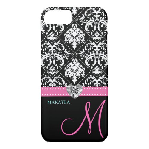 Black  White Damask with Diamond Heart  Monogram iPhone 87 Case