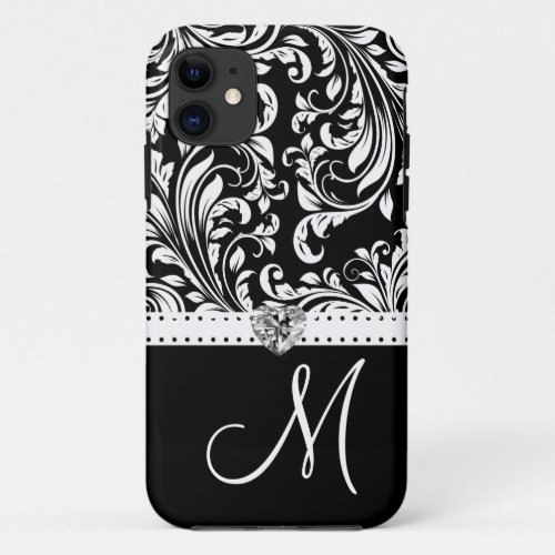 Black  White Damask with Diamond Heart  Monogram iPhone 11 Case