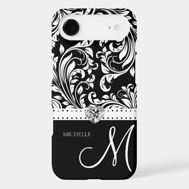 Black & White Damask with Diamond Heart & Monogram Case-Mate Samsung Galaxy Case (Back)