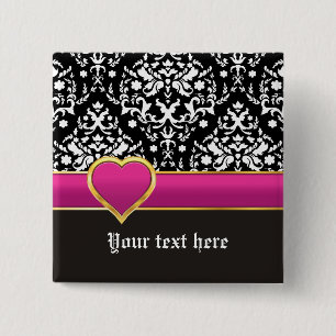 Black white damask with hot pink band and heart pinback button
