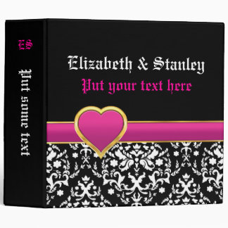 Black white damask with hot pink heart wedding 3 ring binder