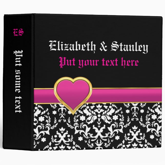 Black white damask with hot pink heart wedding 3 ring binder (Front/Spine)
