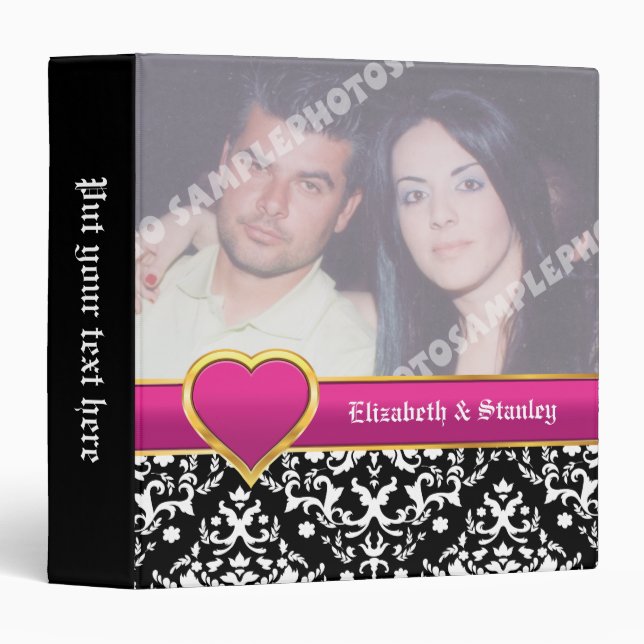 Black white damask with hot pink heart wedding 3 ring binder (Front/Spine)