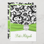 Black, White Damask with Lime PRINTED RIBBON Invitation (Front/Back)