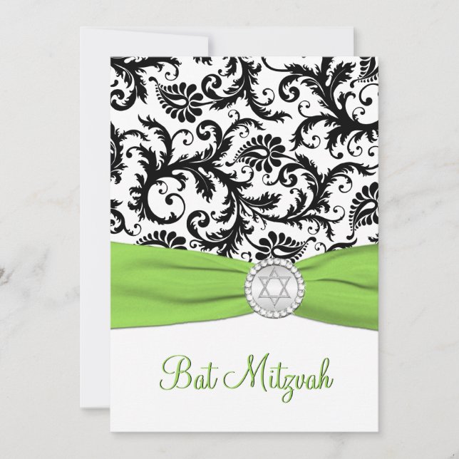 Black, White Damask with Lime PRINTED RIBBON Invitation (Front)