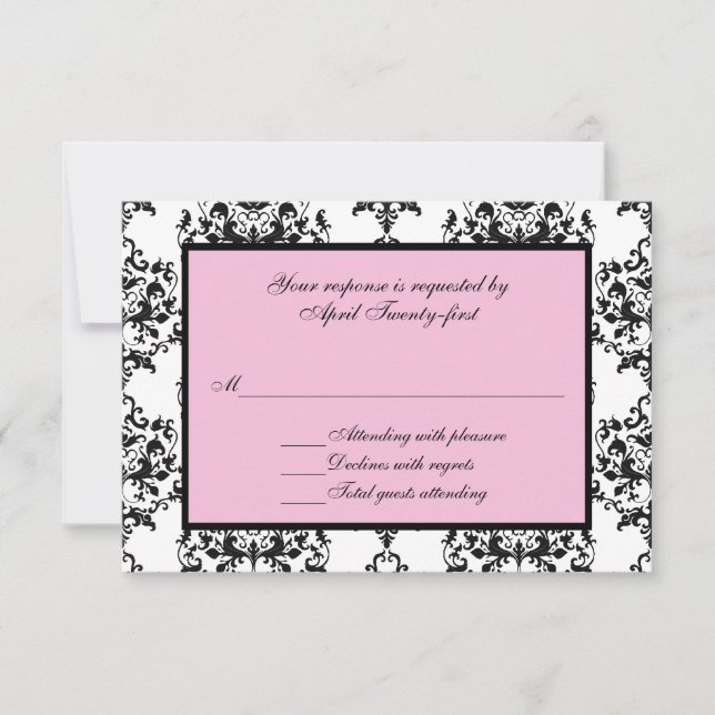 Black & White Damask with Pink RSVP Response Card (Front)