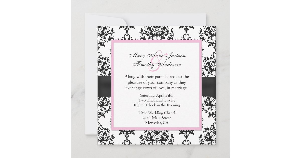 Black & White Damask with Pink Wedding Invitation | Zazzle