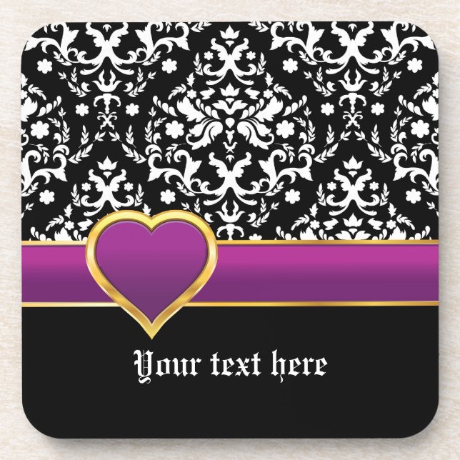 Black white damask with purple band and heart drink coaster (Front)