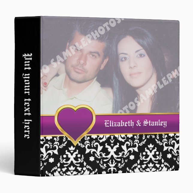 Black white damask with purple heart wedding binder (Front/Spine)