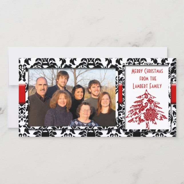 Black & White Damask With Red Tree Merry Christmas Holiday Card (Front)