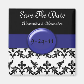 Black White Damask WIth Royal Blue Save The Date Magnet