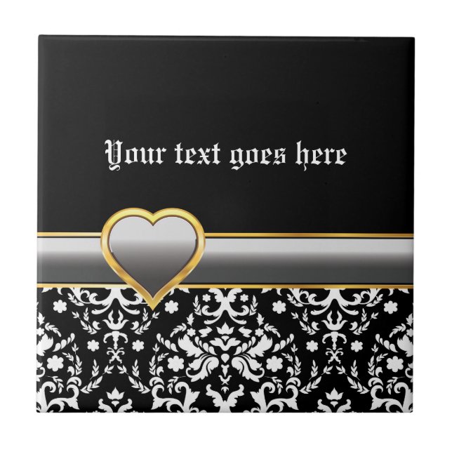 Black white damask with silver grey band and heart ceramic tile (Front)