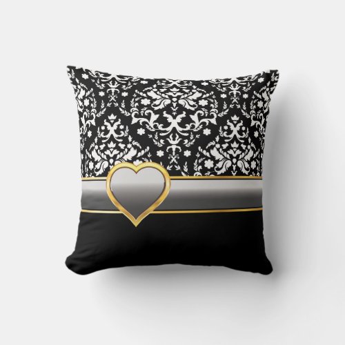 Black white damask with silver grey band and heart throw pillow