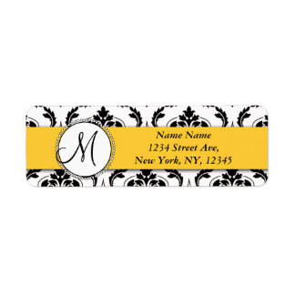 Black White Damask Yellow Return Address Label