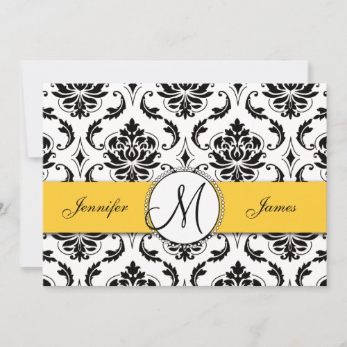 Black White Damask Yellow Wedding Invitation