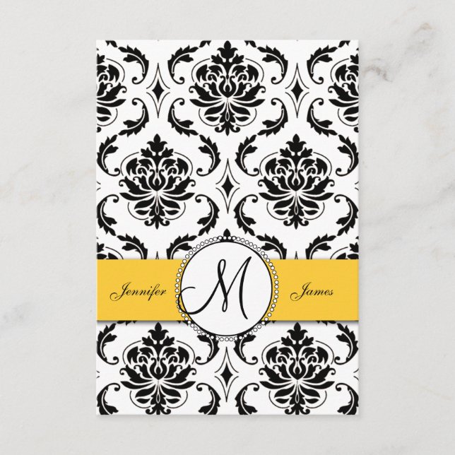 Black White Damask Yellow Wedding Reception Cards (Front)