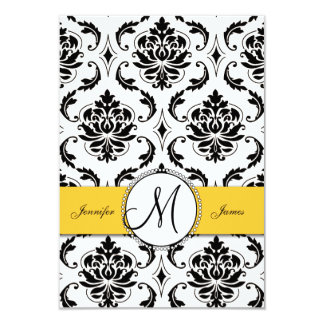 Black White Damask Yellow Wedding RSVP Card