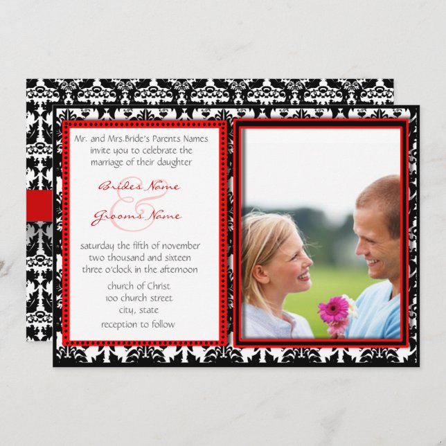 Black & White Damask Your Photo Wedding Invitation (Front/Back)