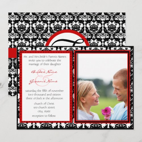 Black &amp; White Damask Your Photo Wedding Invitation