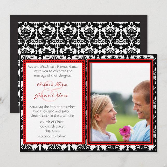 Black & White Damask Your Photo Wedding Invitation (Front/Back)