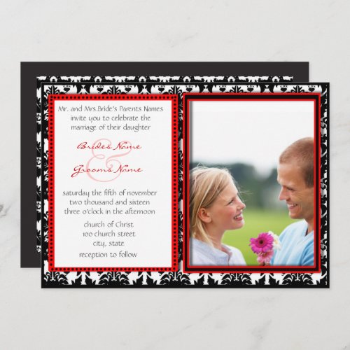 Black  White Damask Your Photo Wedding Invitation