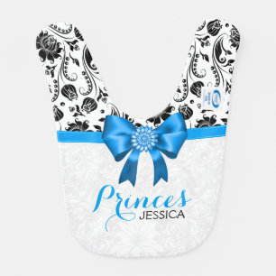 Black & White Damasks Blue Bow Baby Bib