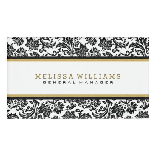 Black  White Damasks Gold Glitter Accent Name Tag