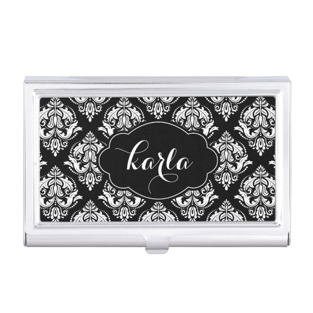 Black & White Damasks Pattern Monogrammed Case For Business Cards (Front)
