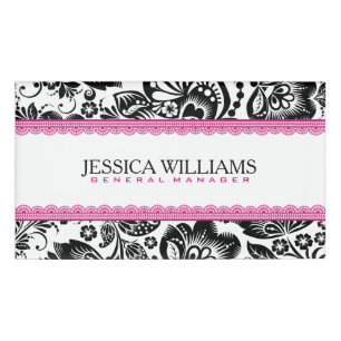 Black & White Damasks Pink Lace Accents Name Tag