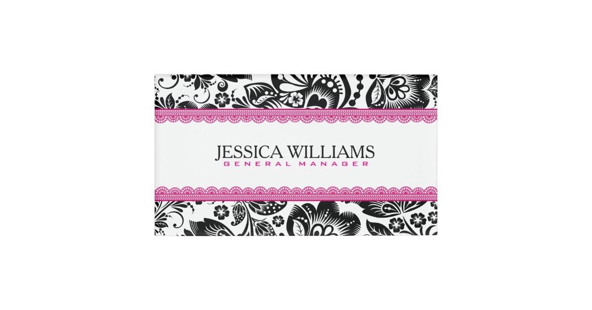 Black & White Damasks Pink Lace Accents Name Tag Zazzle