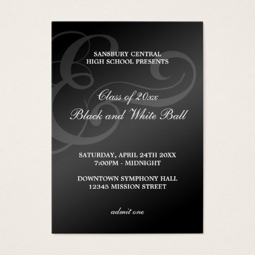 Customizable Black white dance formal prom bid admission ticket business card template