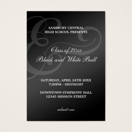 Black white dance formal prom bid admission ticket (Front)