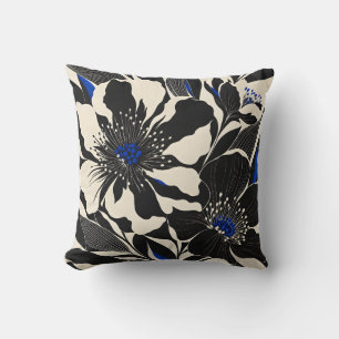 Black White Dancing Flowers Cobalt Throw Pillow