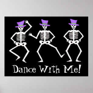Black White Dancing Skeletons Happy Halloween Poster