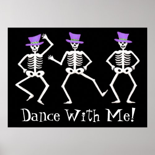 Black White Dancing Skeletons Happy Halloween Poster
