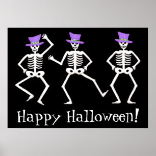 Black White Dancing Skeletons Happy Halloween Poster