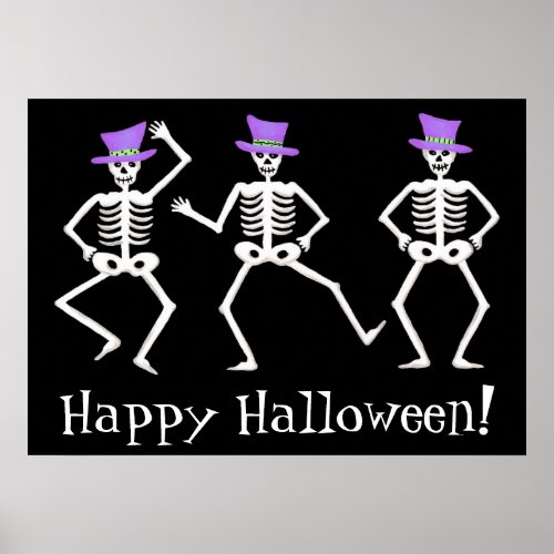 Black White Dancing Skeletons Happy Halloween Poster
