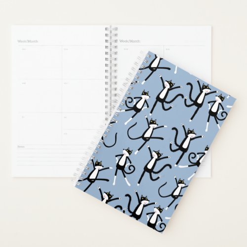 Black  White Dancing Tuxedo Cat Planner