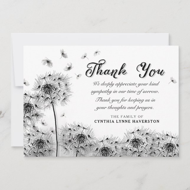 Black & White Dandelion Thank You Sympathy Card (Front)